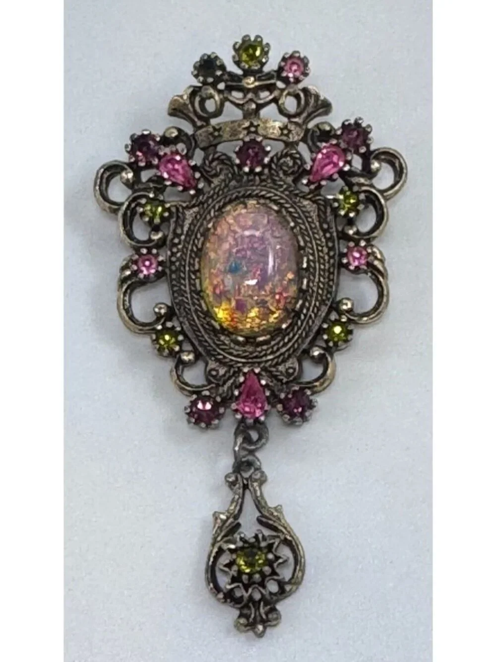 Sarah Coventry Contessa Pin Earring Set Foil Glass Faux Opal Rhinestone 1974